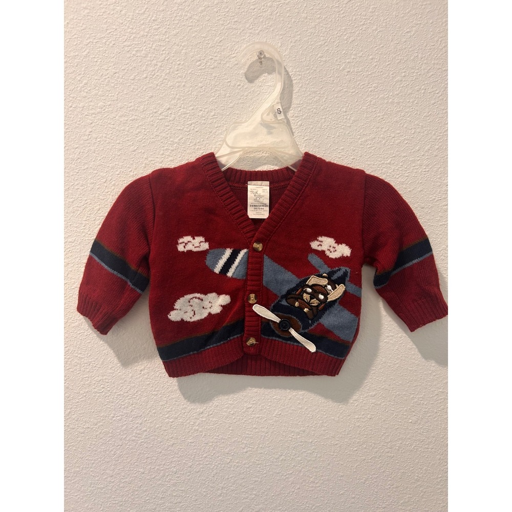 Vintage Baby Boys Airplane Pilot Bear Red Knit Cardigan Sweater 3-6 Months
